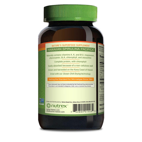 Bottle of Nature's Superfood Supplement Hawaiian Spirulina Pacifica with nutrition information on the label.